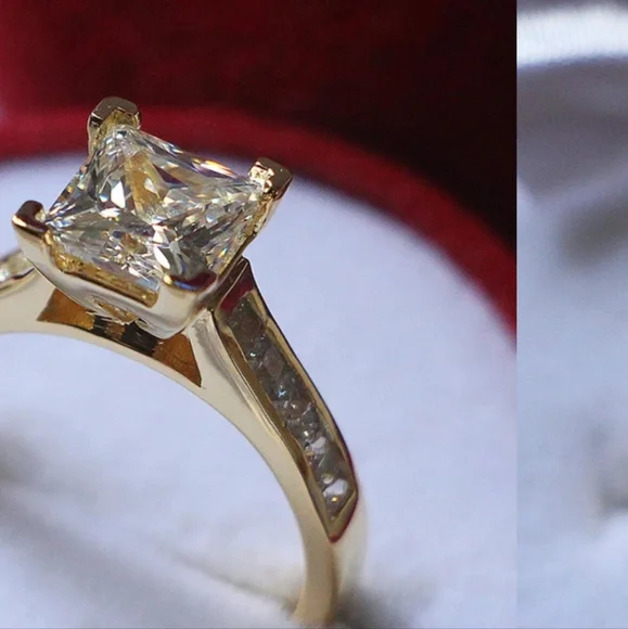 2Ct Princess Cut Diamond Ring Solid 925 Sterling Silver Ring Golden Color Luxury